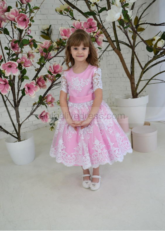 Pink Tea Length Flower Girl Dress